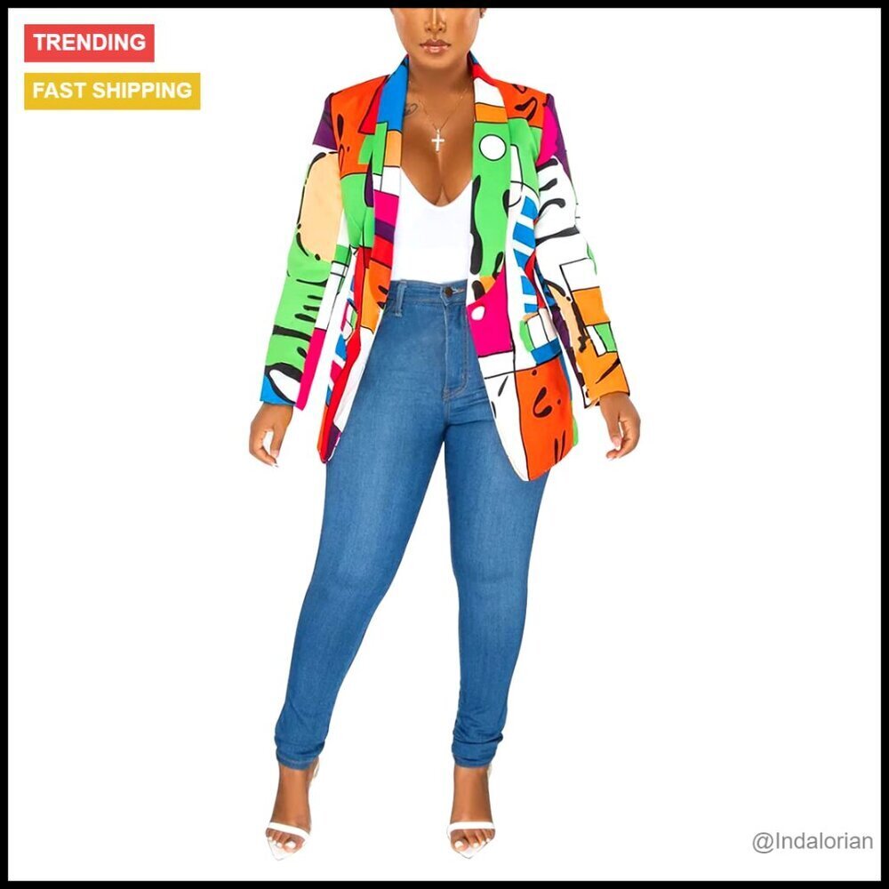 Graphic Print Blazer Button Front Lapel Collar Long Sleeve Casual Jacket